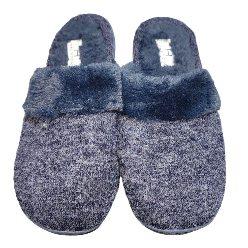 Women's Navy Fuzzy Warm Halston Slipper House Shoes Large 8-9 Excellent Conditio